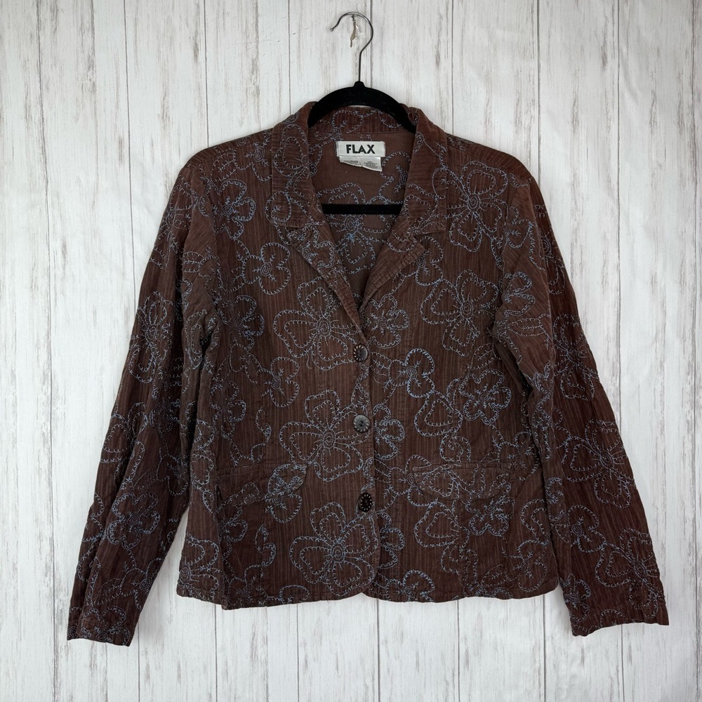 Flax Brown Teal Floral Embroidery Jacket Small